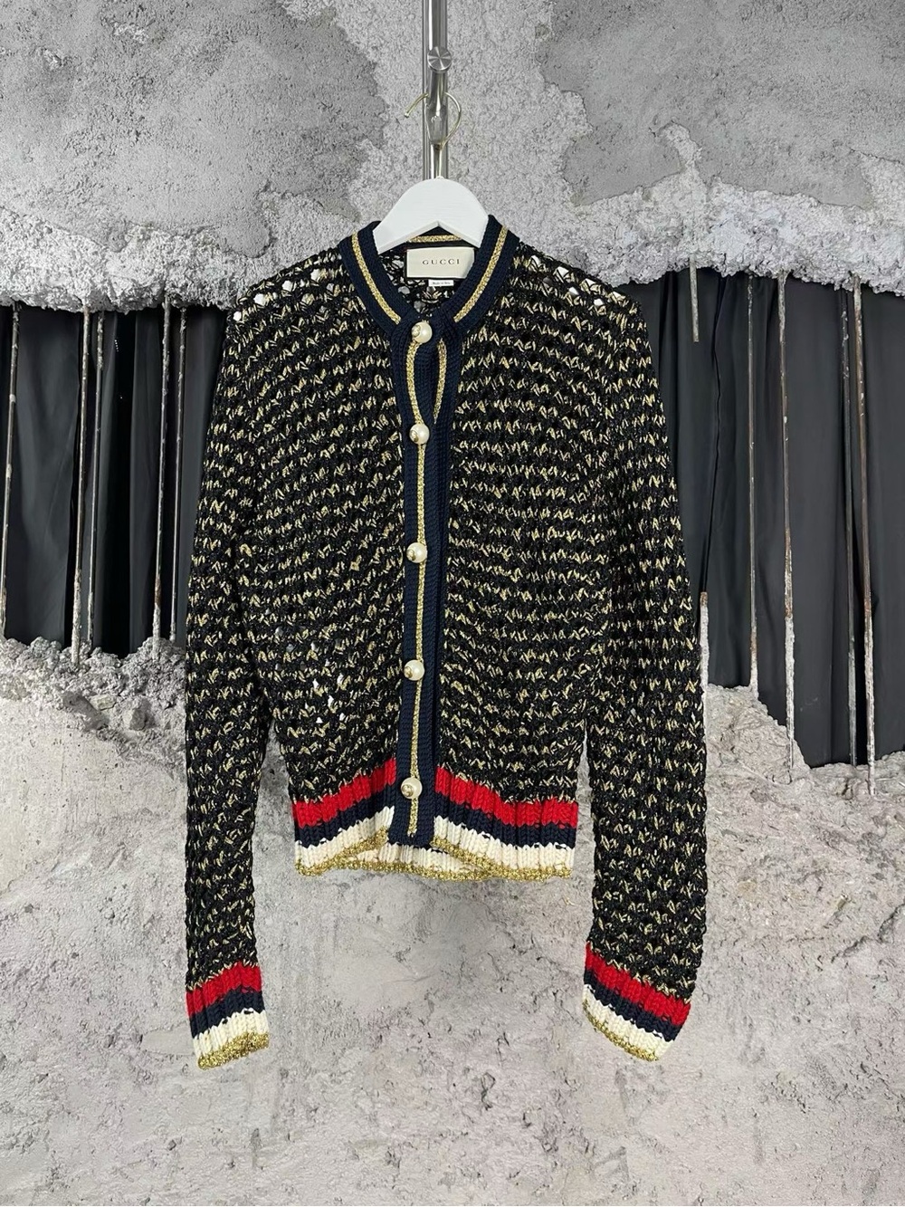 🚩steal Gucci Black & Gold Tweed Wool-Blend Cardigan Jacket with Red Trim